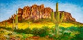 Arizona Sedona desert mountain landscape, Superstition Mountains, oil painting Royalty Free Stock Photo