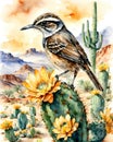 Arizona state bird the Cactus wren and the State flower the Saguaro cactus blossom