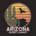 Arizona t-shirt typography with cactus, mountain and eagle. Vintage print for tee shirt graphics, slogan - desert journey. Vector Royalty Free Stock Photo