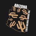 Arizona typography graphics for t-shirt with map of state and cactus. Grunge print for apparel, clothes. Vector.