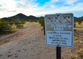 ARIZONA, USA - DECEMBER 02, 2019: bullet-riddled information sign CLOSED AREA in Arizona