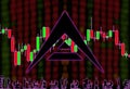 Ark cryptocurrency. Background of blurry numbers and candlestick chart. Silhouettes of office workers