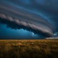 ark storm clouds form dramatic, layered patterns over an expansive grassland. A