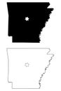 Arkansas AR state Map USA with Capital City Star at Little Rock. Black silhouette and outline isolated maps on a white background