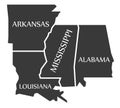 Arkansas - Louisiana - Mississippi - Alabama Map labelled black Royalty Free Stock Photo