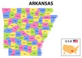 Arkansas Map. State and district map of Arkansas. Administrative and political map of Arkansas with names and color design