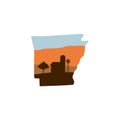 Arkansas State Shape with Farm at Sunset w Windmill, Barn, and a