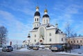 Arkhangelsk, Russia, February, 20, 2018. Cars near the church of the Assumption of the mother of God Uspenskaya church in Arkhan