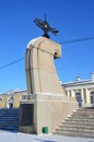Arkhangelsk, Russia, February, 20, 2018. Cape Pur-Navolok, stele on the embankment of the Northern Dvina