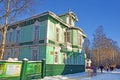 Arkhangelsk, Russia, February, 20, 2018. People walking near the house of Chudinov, built in 1904 year on avenue of Chumbarov-Luch Royalty Free Stock Photo