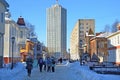 Arkhangelsk, Russia, February, 20, 2018. People walking on prospect of Chumbarov-Luchinsky in the evening in winter in Arkhangel Royalty Free Stock Photo