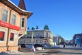 Arkhangelsk, Russia, February, 20, 2018. People walking on prospect of Chumbarov-Luchinsky in the evening in winter in Arkhangel Royalty Free Stock Photo