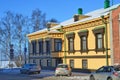 Arkhangelsk, Russia, February, 20, 2018. Cars near the monument of town planning and architecture - the Surkov residence of 1851y