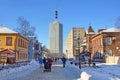 Arkhangelsk, Russia, February, 20, 2018. People walking on prospect of Chumbarov-Luchinsky in the evening in winter in Arkhangel Royalty Free Stock Photo