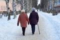 Arkhangelsk, Russia, February, 20, 2018. Two elderly women walking in the Park on the street of Loginov in Arkhangelsk in winter.