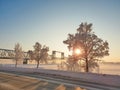 Arkhangelsk. Sunny winter day. January. Railway bridge