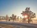 Arkhangelsk. Sunny winter day. January. Railway bridge