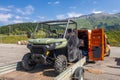 BRP Can-Am Traxter buggy on car trailer ready for exploring mountains. SSV on Caucasus mountains