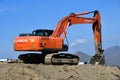 Arkhyz, Russia, Caucasus, September, 06, 2018. Crawler excavator Hitachi on the construction site of the ski resort `Romantic` in