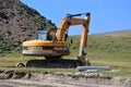 Arkhyz, Russia, Caucasus, September, 06, 2018. JCB excavator at the construction site of the ski resort `Romantic` in Arkhyz