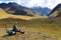 Arkhyz, Russia, Caucasus, September, 24, 2018. Tourist resting in Arkhyz mountaims