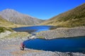 Arkhyz, Russia, Caucasus, September, 20, 2018. Tourists hiking near lake Chilik in clear weather. Russia, Arkhyz