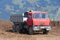 Arkhyz, Russia, Caucasus, September, 06, 2018. Tatra t815 dump truck at the construction site of the ski resort `Romantic` in Arkh