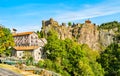 Arlempdes village with its castle on top of a basalt rock. Haute-Loire, France Royalty Free Stock Photo