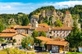 Arlempdes village with its castle on top of a basalt rock. Haute-Loire, France Royalty Free Stock Photo