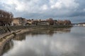 Arles, Provence, France, View over the River Rhone and the banks of the village with historical buildings Royalty Free Stock Photo