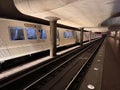 Inside the Clarendon Metro station, part of the DC Metro Wmata, as a train headed to