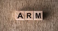 ARM Advanced RISC Machines word written on wooden blocks on a brown background