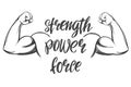 Arm, bicep, strong hand icon cartoon calligraphic text symbol hand drawn vector illustration sketch