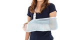 Arm broken Asian woman with arm sling supported on her hand, con Royalty Free Stock Photo