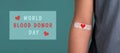 Arm with plaster and heart, blood cells, donate plasma, world blood donor day, health care, transfusion, Leukaemia disease