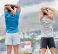 Arm stretching, fitness and friends in city for health or wellness. Back view, training and men, group or people warm up