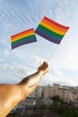 Arm waving and holding pride rainbow flag, support LGBTQ community. Sexual identity for equal social discrimination for freedom of