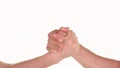 Arm wrestle and handshake over white background