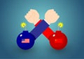 Arm wrestling Business Hand with bomb of America and China flag, Trade war and tax crisis concept design illustration on