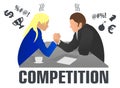 Business people and professional parity. Arm wrestling between businessman and businesswoman at work. Rivalry at work. Man and wom Royalty Free Stock Photo