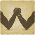 Arm wrestling. Two men hands shaking silhouette vintage background Royalty Free Stock Photo