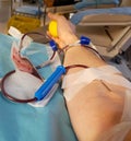 arm of young volunteer during the donation blood in the bed of a