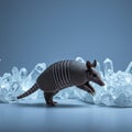 An armadillo stands among clear, faceted crystals, capturing an ethereal scene. The Royalty Free Stock Photo