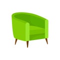 Armchair with bright green upholstery and wooden legs. Cushioned furniture. Soft chair for living room. Flat vector