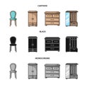 Armchair, cabinet, bedside, table .Furniture and home interiorset collection icons in cartoon,black,monochrome style