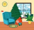 Armchair with carpet, place to sitting and relax cartoon vector illustration. Design interior. New year fir tree, christmas mood