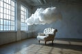 An armchair with clouds. Fluffy cloud around soft armchair in empty room. Peaceful place for thinking. Dreaming, mental health,