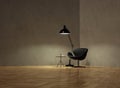 Armchair with coffee table and lamp on empty wall in nightime Royalty Free Stock Photo