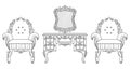 Armchair and dressing table with luxurious ornaments. Vector French Luxury rich intricate structure. Victorian Royal Style decor