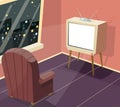 Armchair in front of TV Icon on Room Window Night City Background Cartoon Design Vector Illustration